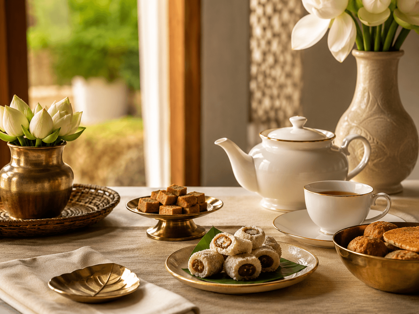 A warm tea table with flowers and sweets arranged in a calm welcoming setting