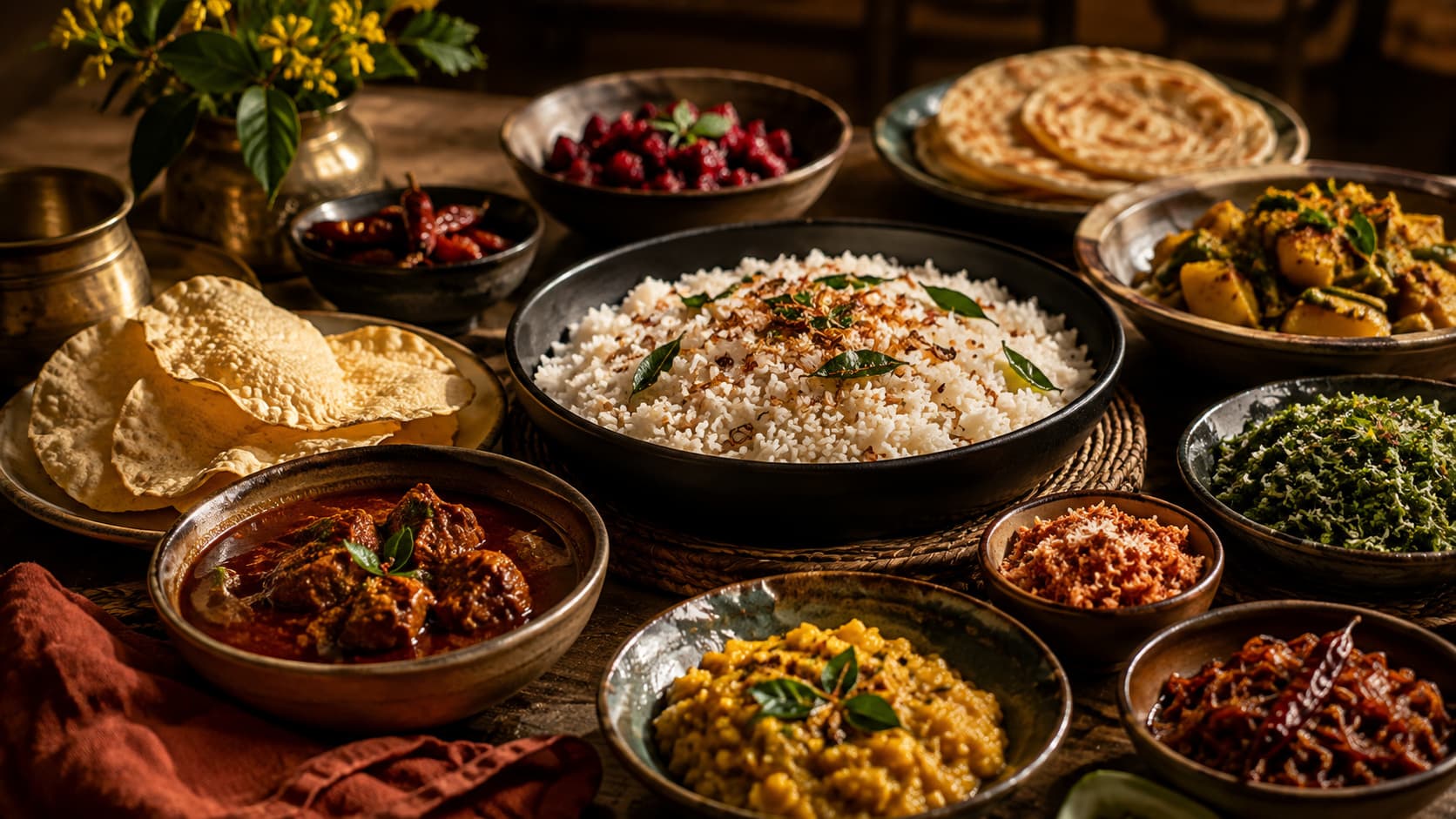 Sri Lankan rice and curries served together on a table