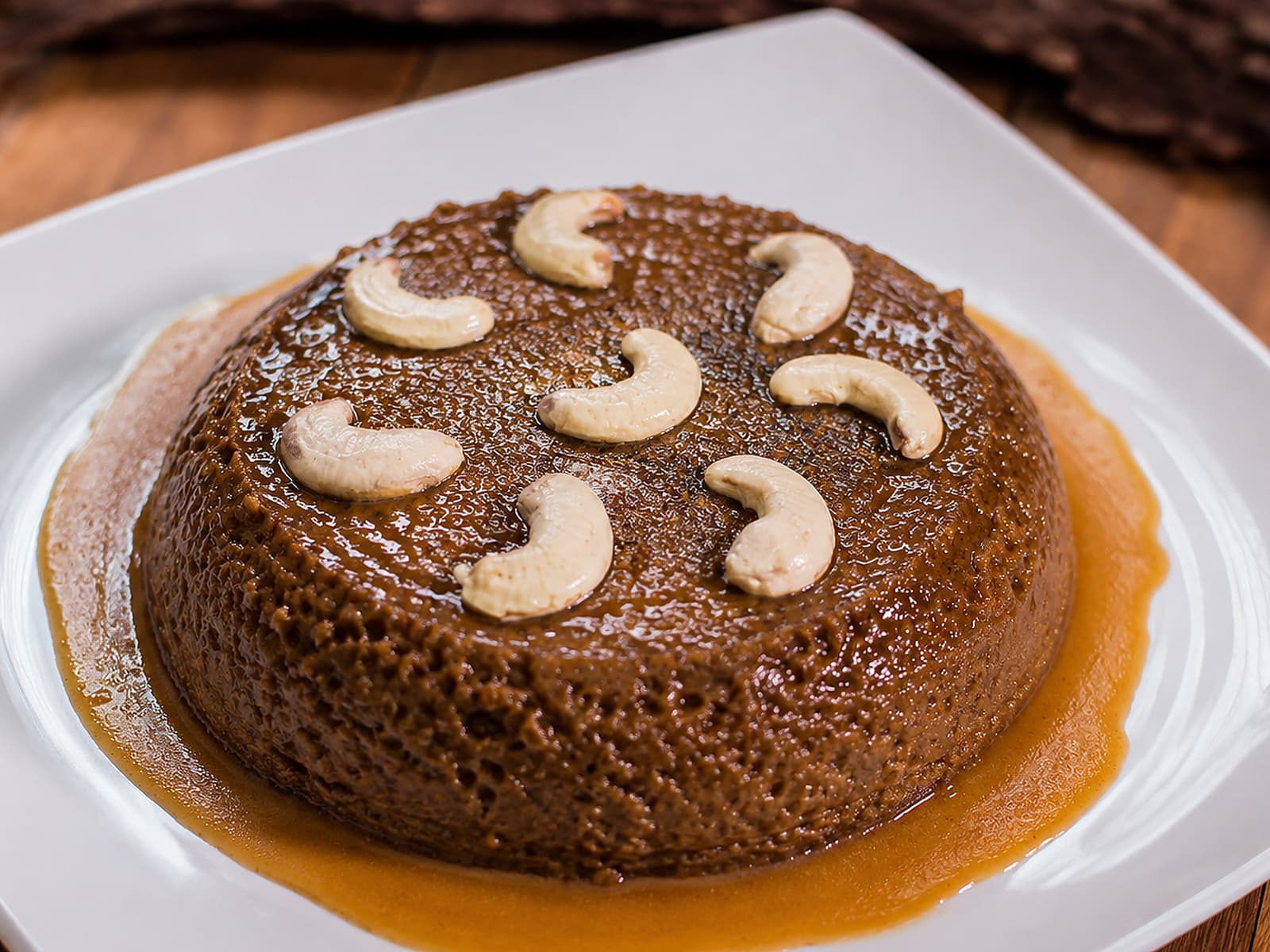 Sri Lankan watalappam topped with cashews